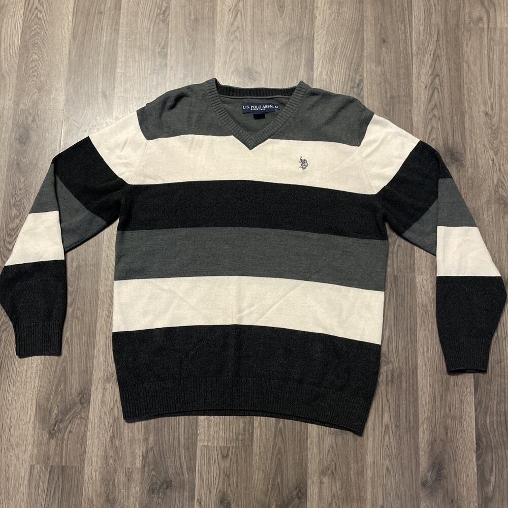 U.S. Polo Assn. Mens White Black Gray Striped V Neck Pullover Sweater Size M